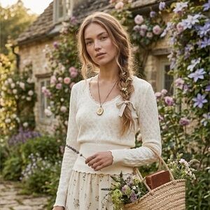 VTG 70s Pointelle Knit Long Sleeve Sweater Ivory V-Neck Scalloped Medium